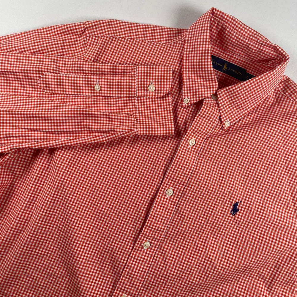 Ralph Lauren Mens Long Sleeve Button Down‎ Shirt Orange Gingham Checkered L